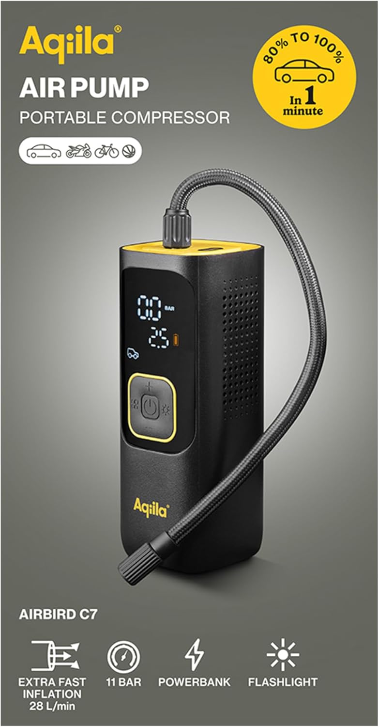 Aqiila Airbird C7 Draagbare luchtpomp en krachtige compressor met geïntegreerde accu, zaklamp, snelle installatie en automatische uitschakeling voor nauwkeurig en moeiteloos opblazen