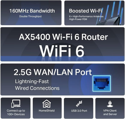 TP-Link AX5400 Mbps Multi-Gigabit Wi-Fi 6 Router, OneMesh™ /VPN Supported, USB 3.0 Port, 1 GHz Dual-Core CPU, TP-Link HomeShield, Ideal for Gaming Xbox/PS4/8K Steam, Plug and Play (Archer AX72 Pro)