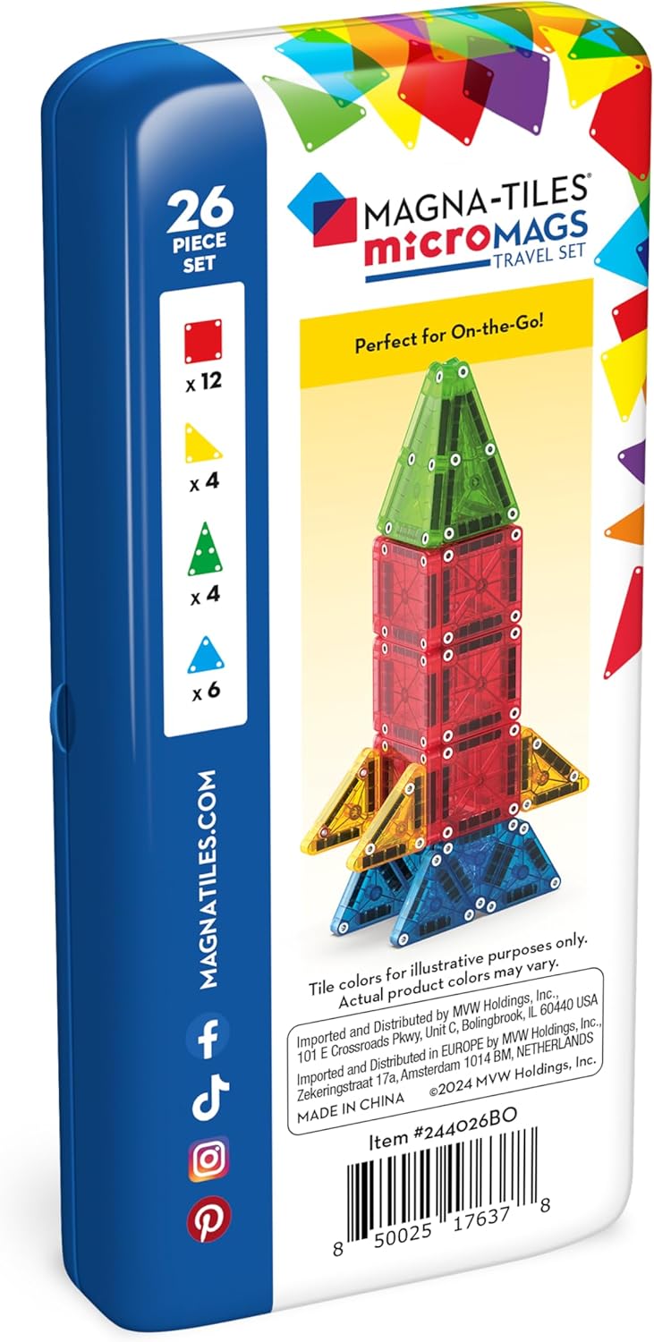 Magna-Tiles microMAGS 26-teiliges Reise-Magnetbauset - Kräftige Farben, die Original Magnetbaumarke