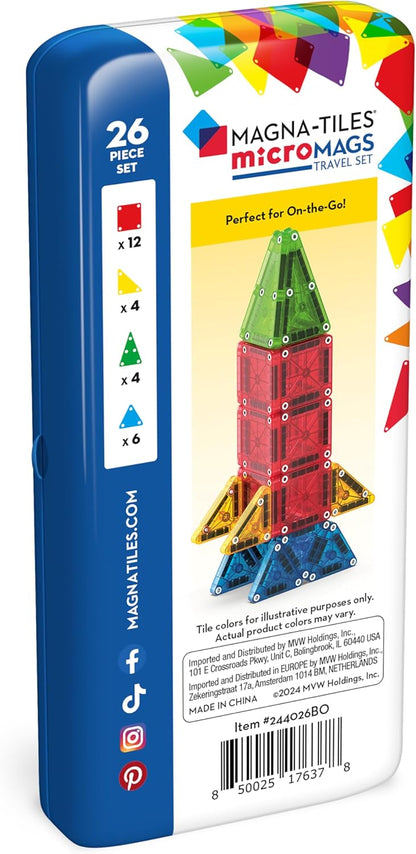 Magna-Tiles microMAGS 26-teiliges Reise-Magnetbauset - Kräftige Farben, die Original Magnetbaumarke