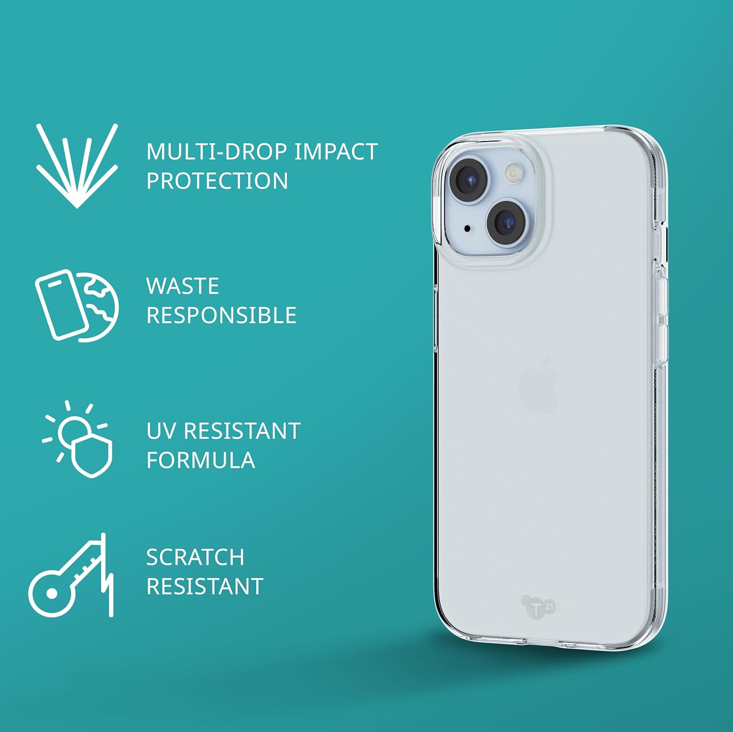 Tech21 Evo Lite Clear hoesje voor iPhone 15, Semi-Transparent, Standaard telefoonhoesje, TPU en Biologisch afbreekbaar materiaal, Valbescherming: 2.4m