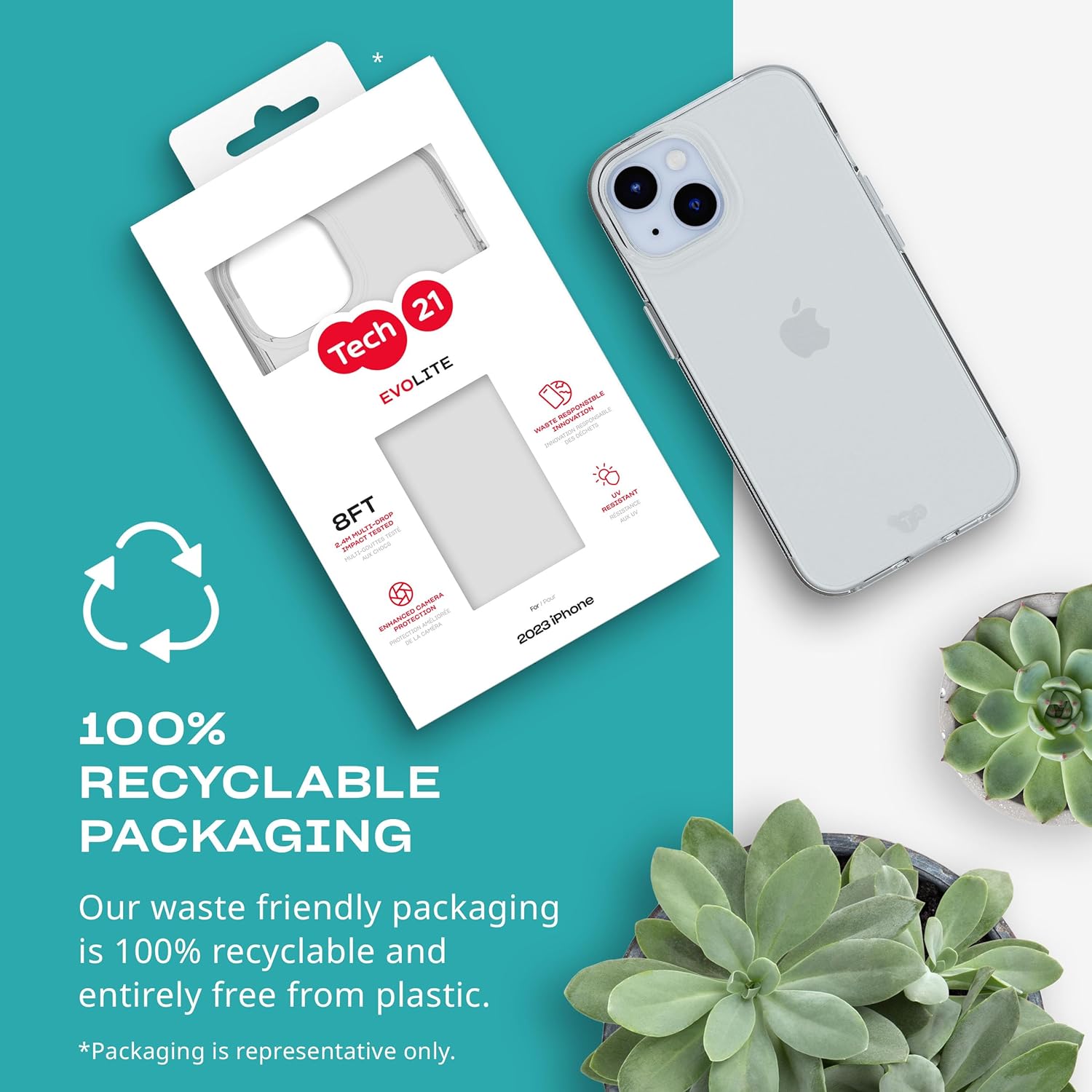 Tech21 Evo Lite Clear hoesje voor iPhone 15, Semi-Transparent, Standaard telefoonhoesje, TPU en Biologisch afbreekbaar materiaal, Valbescherming: 2.4m