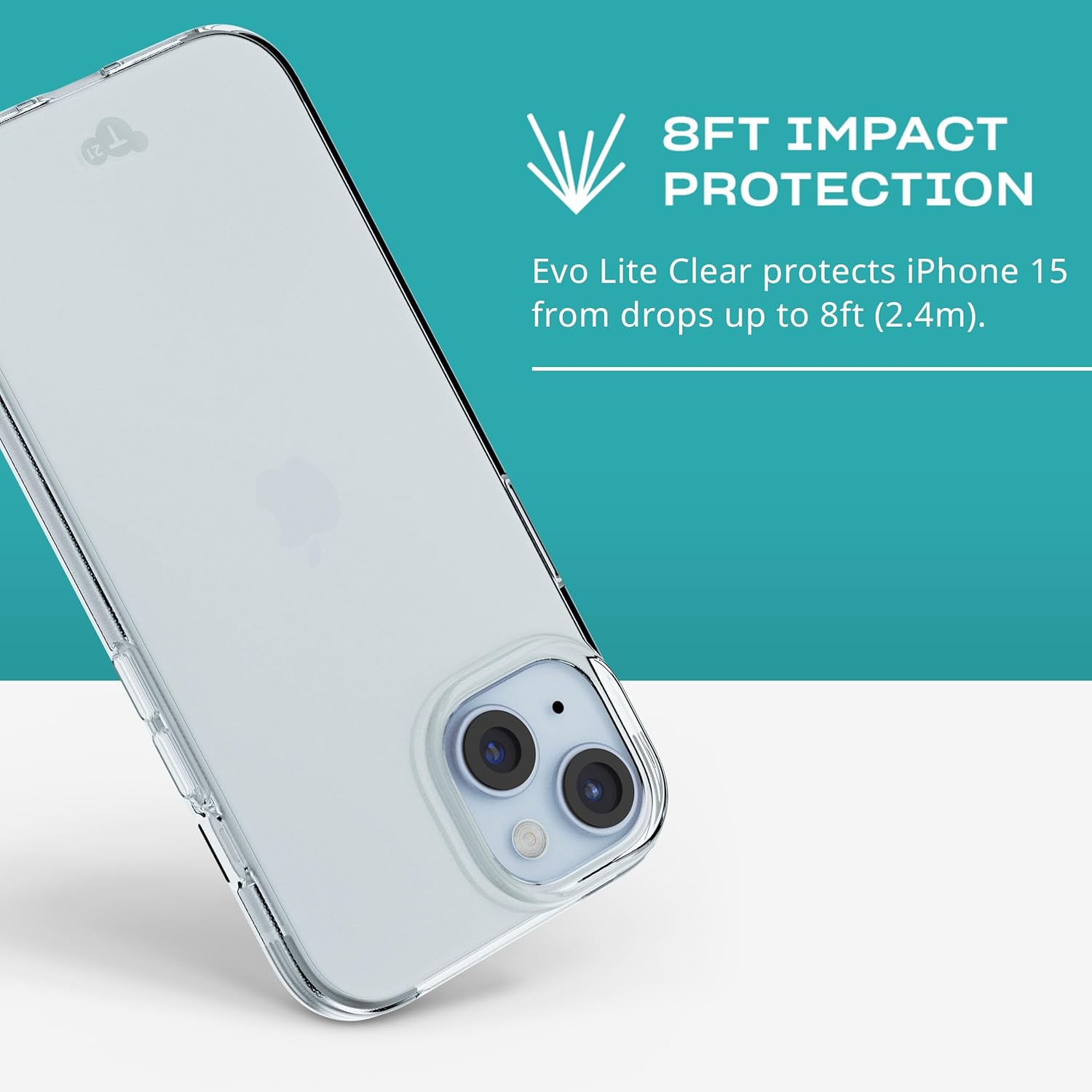 Tech21 Evo Lite Clear hoesje voor iPhone 15, Semi-Transparent, Standaard telefoonhoesje, TPU en Biologisch afbreekbaar materiaal, Valbescherming: 2.4m