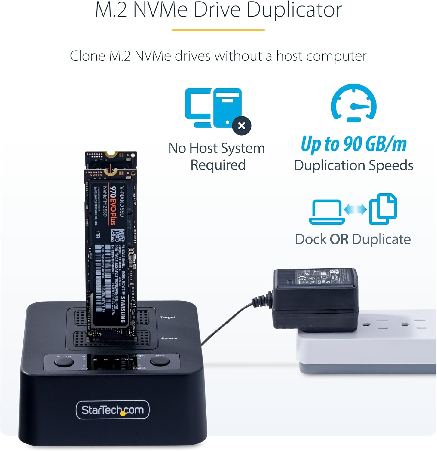 StarTech.com Duplicatore di unità M.2 NVMe 1:1 autonomo da 90 GBpm, docking station per 2 drive M.2, USB-C 3.2 20 Gbps