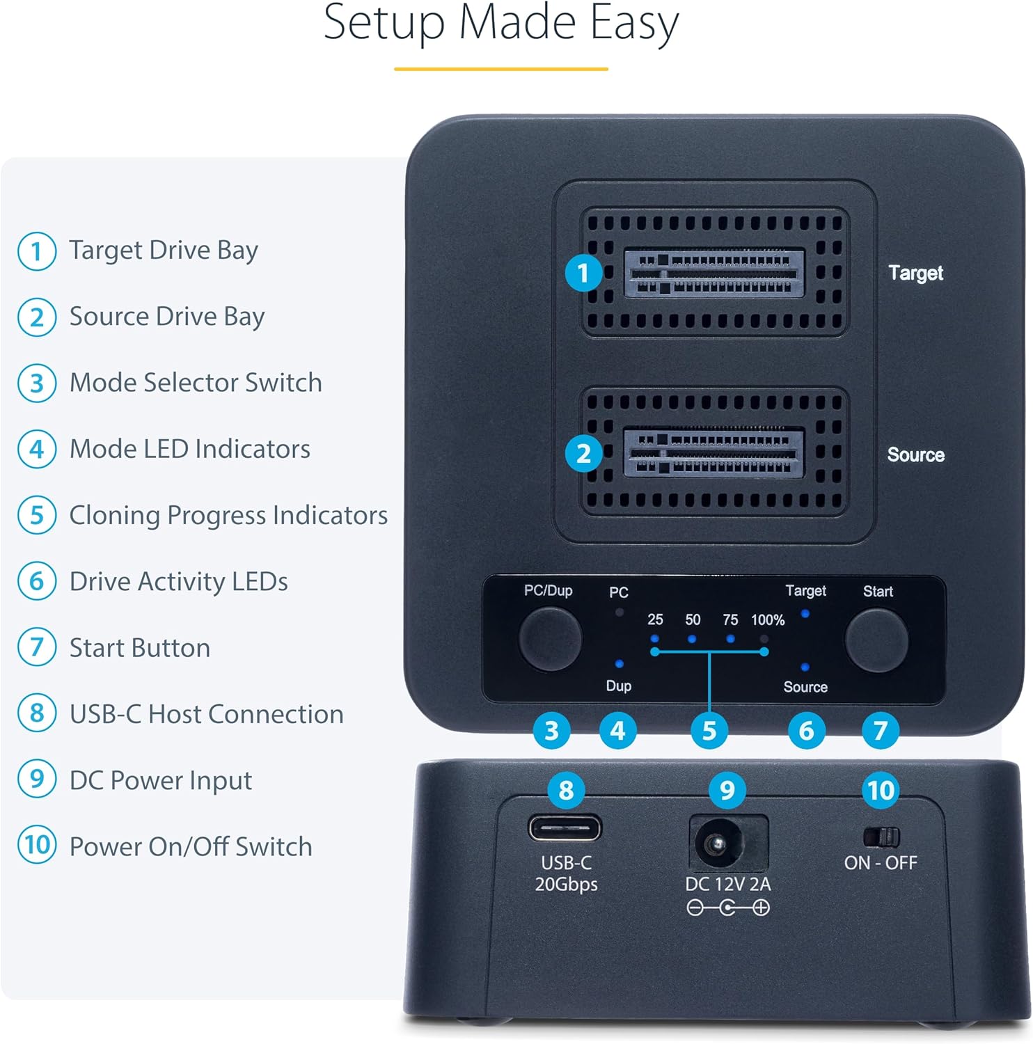 StarTech.com Duplicatore di unità M.2 NVMe 1:1 autonomo da 90 GBpm, docking station per 2 drive M.2, USB-C 3.2 20 Gbps