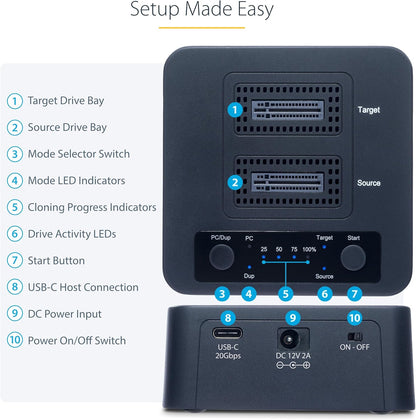 StarTech.com Duplicatore di unità M.2 NVMe 1:1 autonomo da 90 GBpm, docking station per 2 drive M.2, USB-C 3.2 20 Gbps