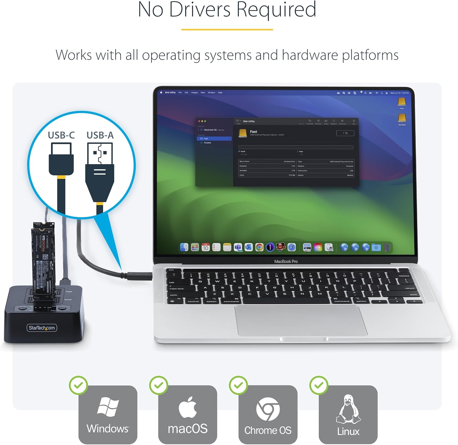 StarTech.com Duplicatore di unità M.2 NVMe 1:1 autonomo da 90 GBpm, docking station per 2 drive M.2, USB-C 3.2 20 Gbps