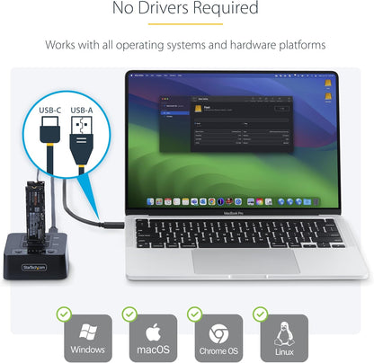 StarTech.com Duplicatore di unità M.2 NVMe 1:1 autonomo da 90 GBpm, docking station per 2 drive M.2, USB-C 3.2 20 Gbps
