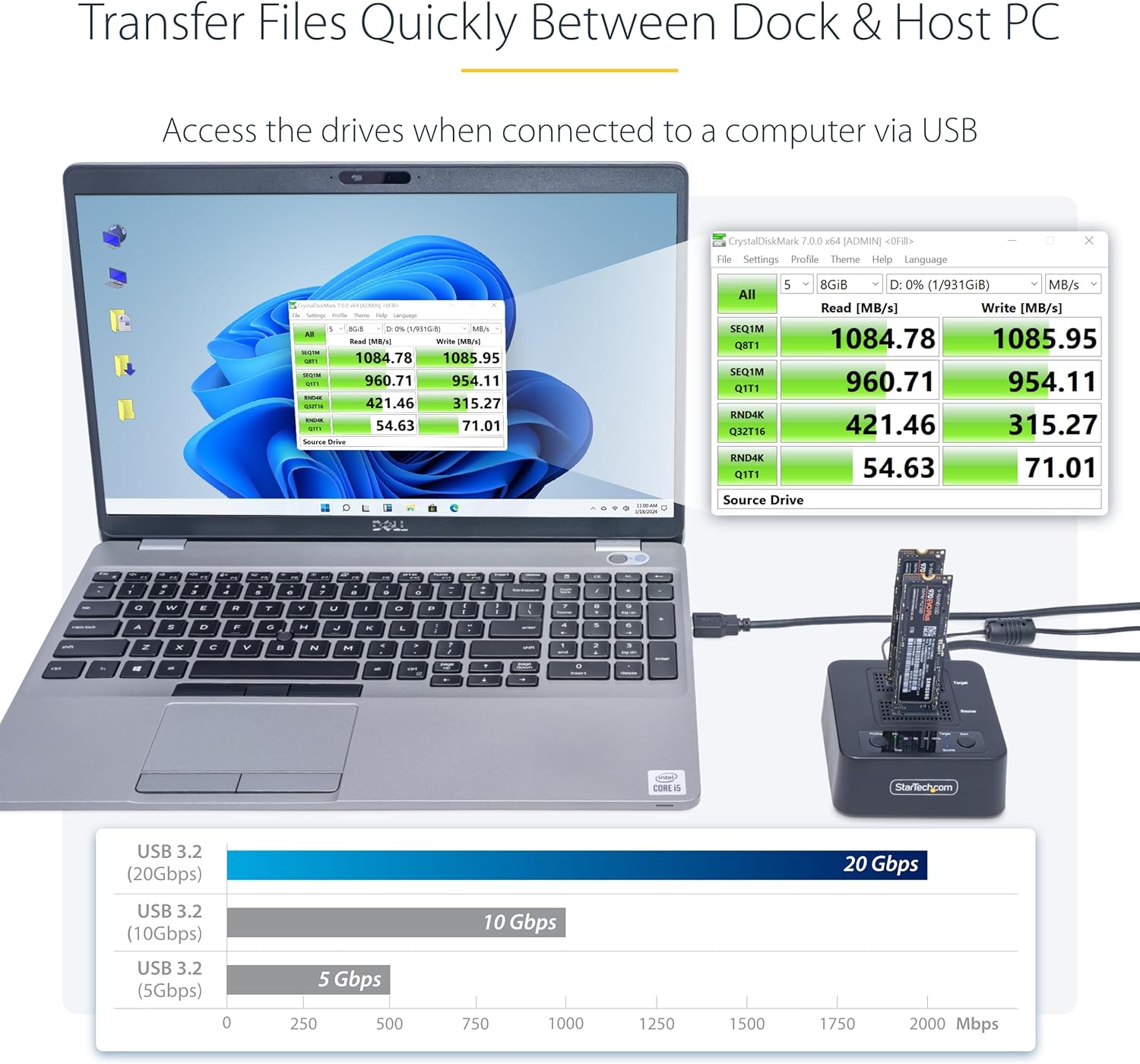 StarTech.com Duplicatore di unità M.2 NVMe 1:1 autonomo da 90 GBpm, docking station per 2 drive M.2, USB-C 3.2 20 Gbps