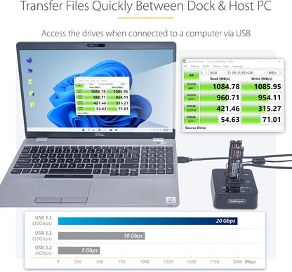 StarTech.com Duplicatore di unità M.2 NVMe 1:1 autonomo da 90 GBpm, docking station per 2 drive M.2, USB-C 3.2 20 Gbps