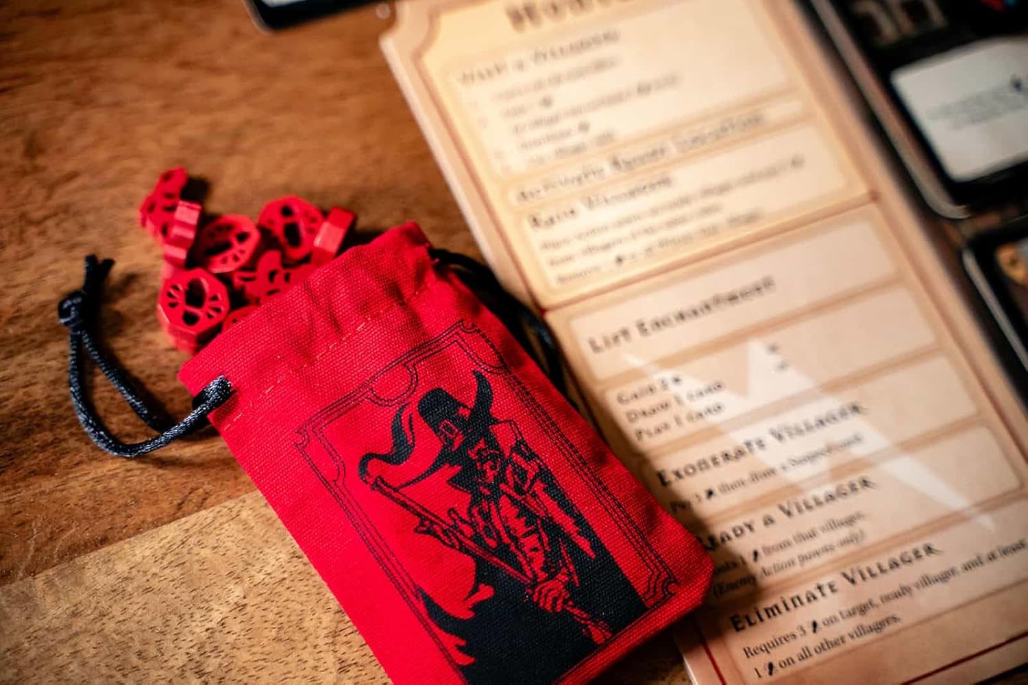 Capstone Games Pagan: Fate of Roanoke - Wooden Token Set, 125 Painted Game Pieces & 3 Custom Screen Printed Cloth Bags