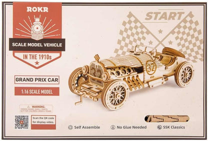 Robotime MC401 Vintage Grand-Prix-Auto aus Holz hergestellt, Maße: 22.8 x 15.3 x 1.2 cm, Teile: 220 Stück