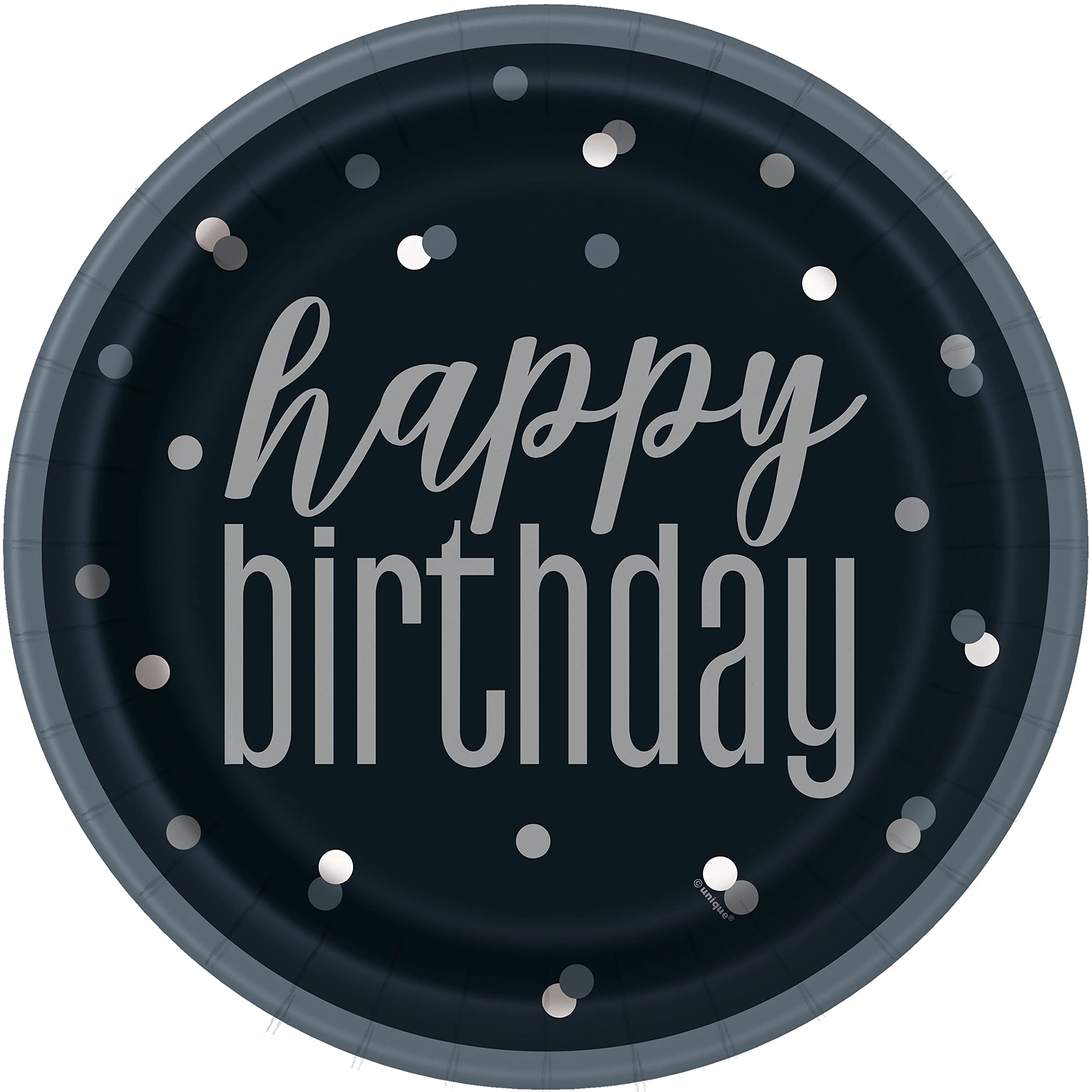 Unique- Piatti Ecologici in Carta-23 cm-Festa di Compleanno Glitz Nera e Argento-Confezione da 8, Multicolore, Happy Birthday, 83587EU