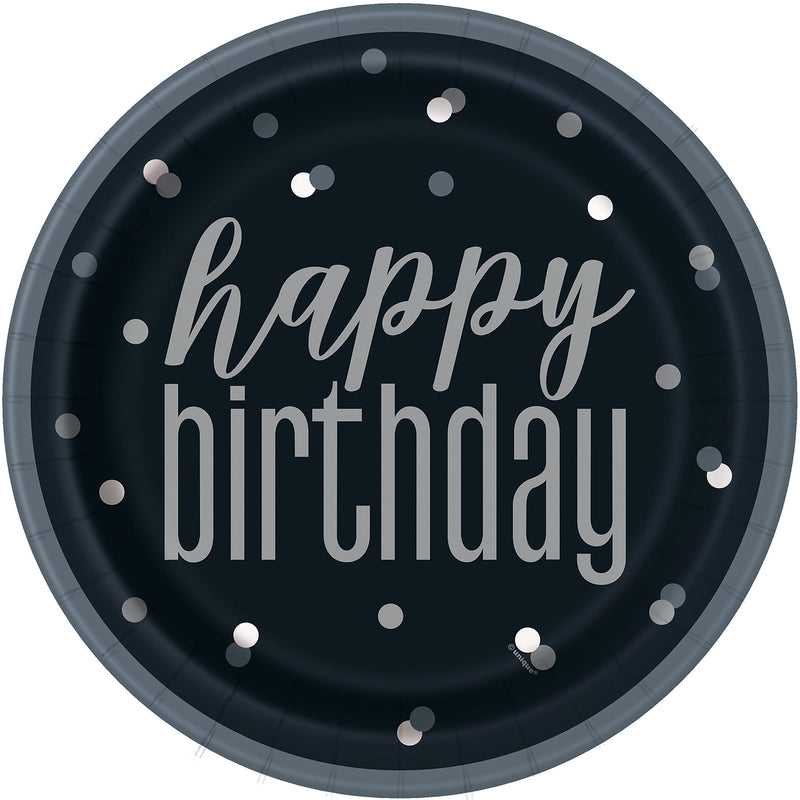Unique- Piatti Ecologici in Carta-23 cm-Festa di Compleanno Glitz Nera e Argento-Confezione da 8, Multicolore, Happy Birthday, 83587EU