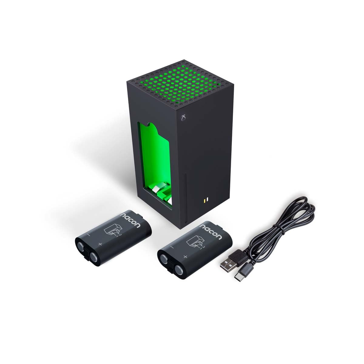Oplaadstation voor twee externe Nacon-batterijen, geleverd met twee oplaadbare 140 mAh batterijen en een 100 cm USB-A/USB-C-kabel