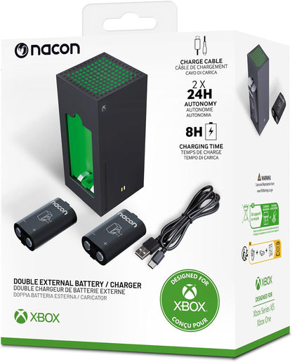 Oplaadstation voor twee externe Nacon-batterijen, geleverd met twee oplaadbare 140 mAh batterijen en een 100 cm USB-A/USB-C-kabel