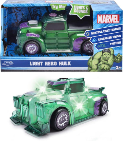 Jada Toys Marvel Light Hero Hulk Auto (15 cm) - Superhelden-Spielzeugauto ab 3 Jahre mit Friktion und coolen Licht- &-Sound-Effekten, Auto-Spielzeug für Kinder, inkl. Batterien