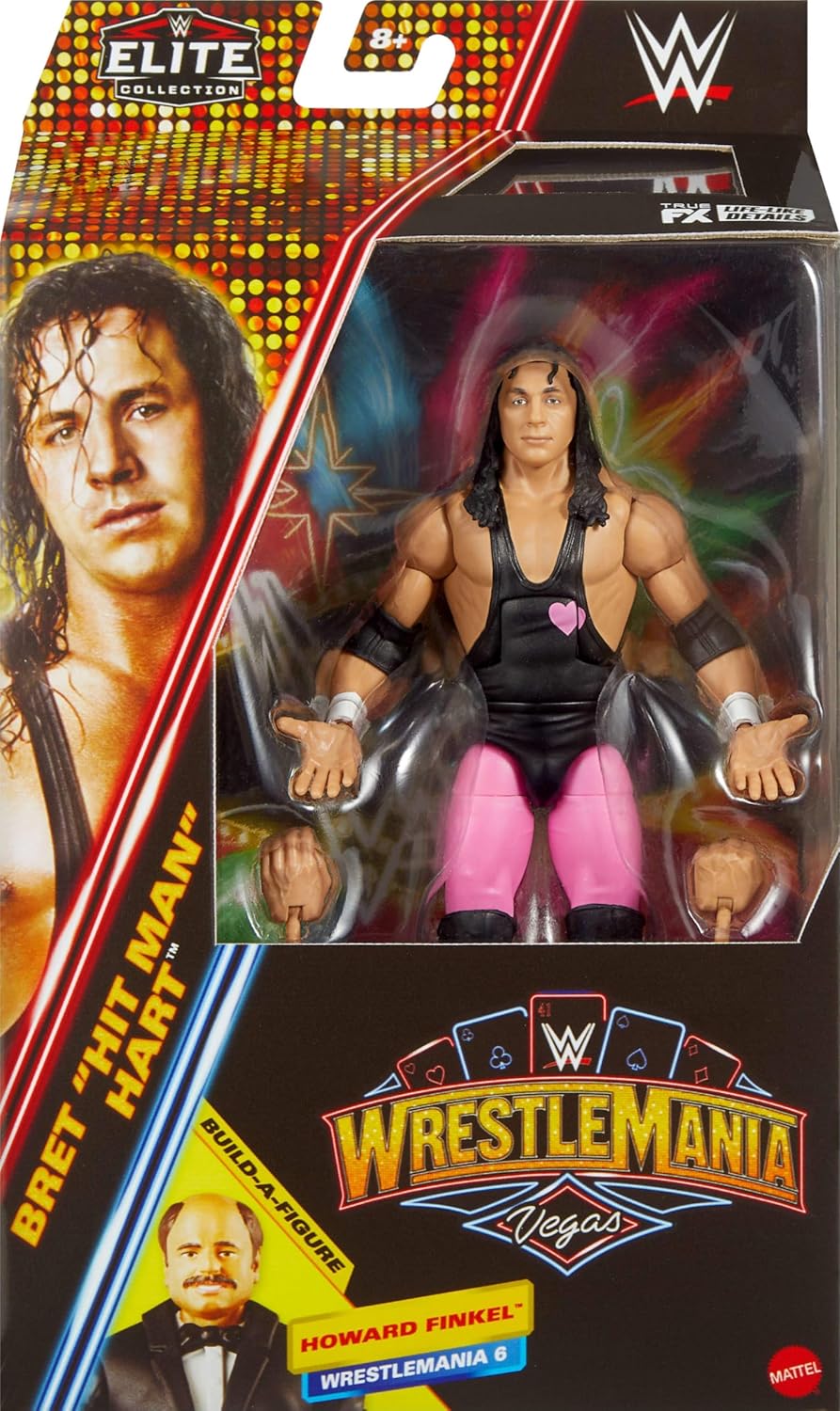 WWE Mattel Elite Collection Action Figure & Accessories, Premium Live Event Bret Hart Set, Wrestlemania with Howard Finkel Build-A-Figure Parts