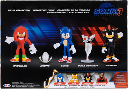 SONIC THE HEDGEHOG - Licence Officielle - Jakks Pacific - Lot Figurines Sonic 3 de 6,35 cm avec Sonic, Shadow, Knuckles - Plus Accessoires Drone et Buzz Bomber - Univers Jeu Vidéo - Jouets Articulés