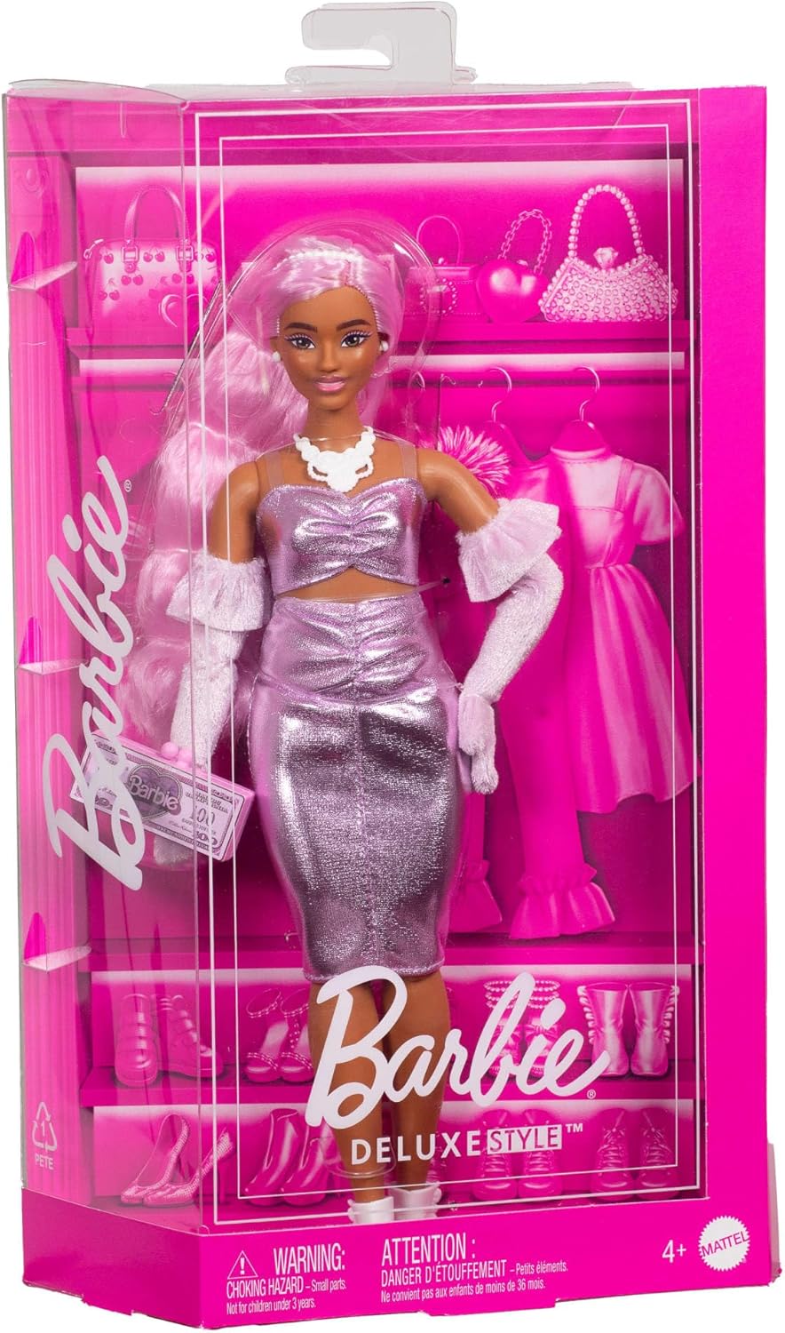 Barbie Deluxe Style Doll #1 in Barbiecore Outfit, Pink Hair and Glossy Pink Dress with Accessories Like Velvet Gloves, Money Purse, and More