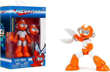 Jada Mega Man 4" Cut Man - 1:12 Scale Action Figure, Wave 2 – Over 15 Points of Articulation, Alternate Hands & Head, Rolling Cutter Accessory