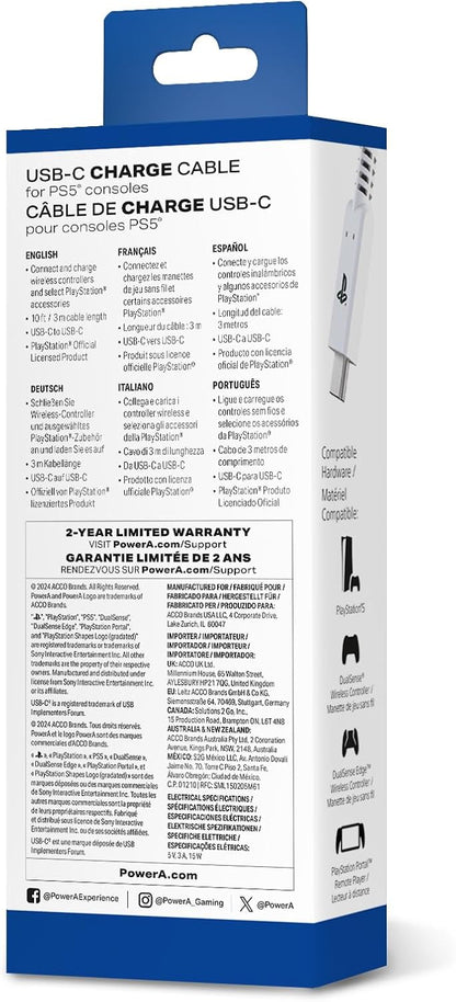 PowerA USB-C® naar USB-C-kabel van 3 meter voor PlayStation®5, opladen en spelen, opnieuw opladen, DualSense Edge compatibel, PSVR2 compatibel, PS Portal compatibel, officieel gelicentieerd
