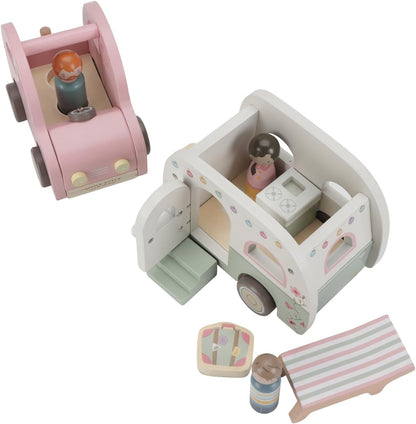 Little Dutch 8022 FSC Houten auto met caravan, speelfiguren en accessoires 10-delige set - roze