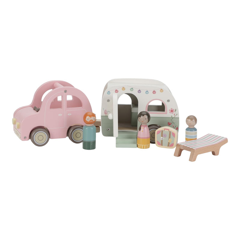 Little Dutch 8022 FSC Houten auto met caravan, speelfiguren en accessoires 10-delige set - roze