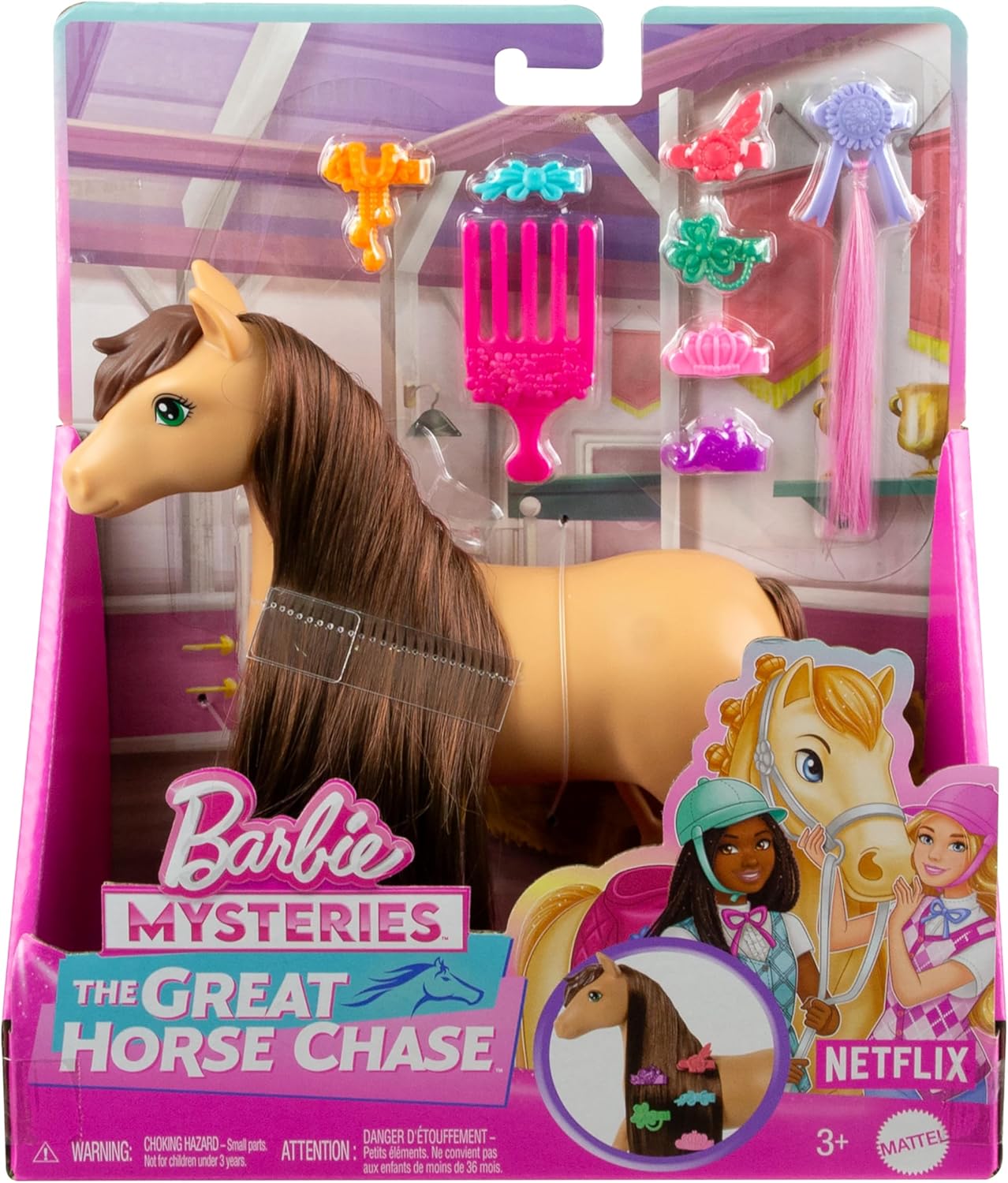 Barbie Paard en Accessoires, speelgoed gebaseerd op Barbie Mysteries: De Grote Paardenjacht, met extra lange manen voor borstelen en stylen (stijlen kunnen variëren), HXJ37