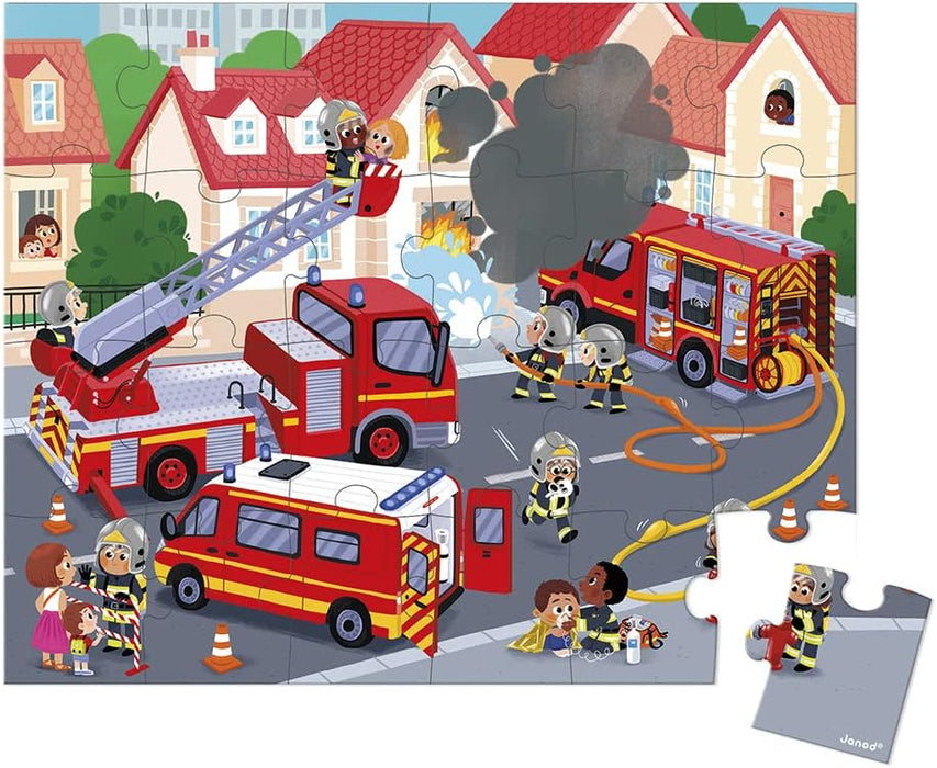 Janod - Puzzel voor kinderen, brandweer, 24-delig, educatief spel, fijne motoriek en concentratie, koffer met handvat, gemaakt in Frankrijk en FSC-gecertificeerd, plantaardige inkt, vanaf 3 jaar,