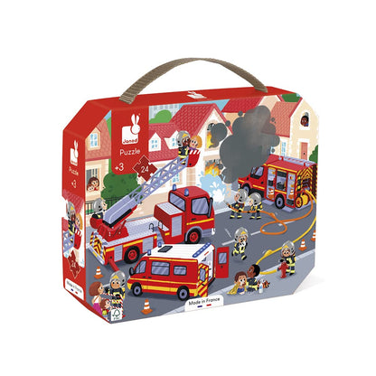 Janod - Puzzel voor kinderen, brandweer, 24-delig, educatief spel, fijne motoriek en concentratie, koffer met handvat, gemaakt in Frankrijk en FSC-gecertificeerd, plantaardige inkt, vanaf 3 jaar,
