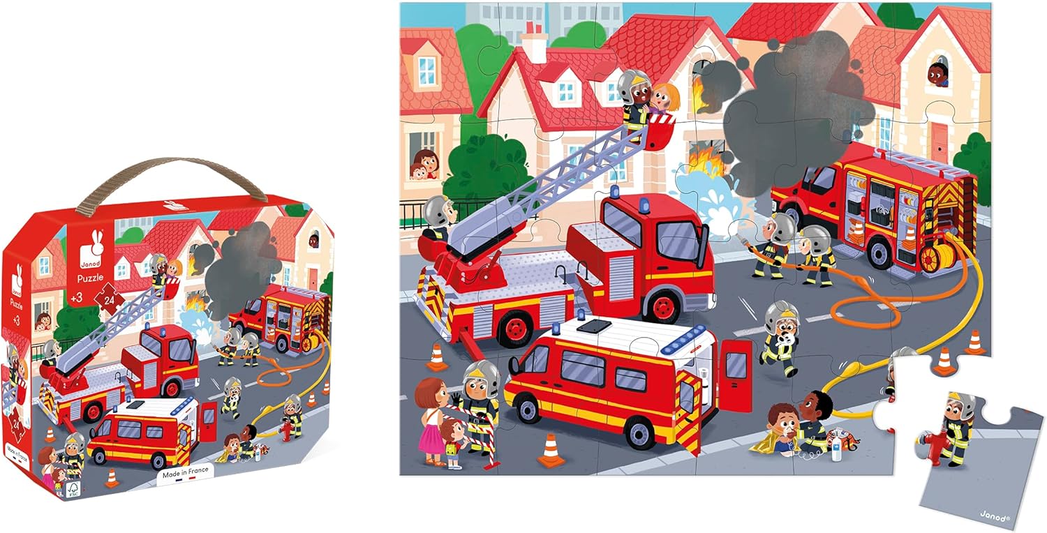 Janod - Puzzel voor kinderen, brandweer, 24-delig, educatief spel, fijne motoriek en concentratie, koffer met handvat, gemaakt in Frankrijk en FSC-gecertificeerd, plantaardige inkt, vanaf 3 jaar,