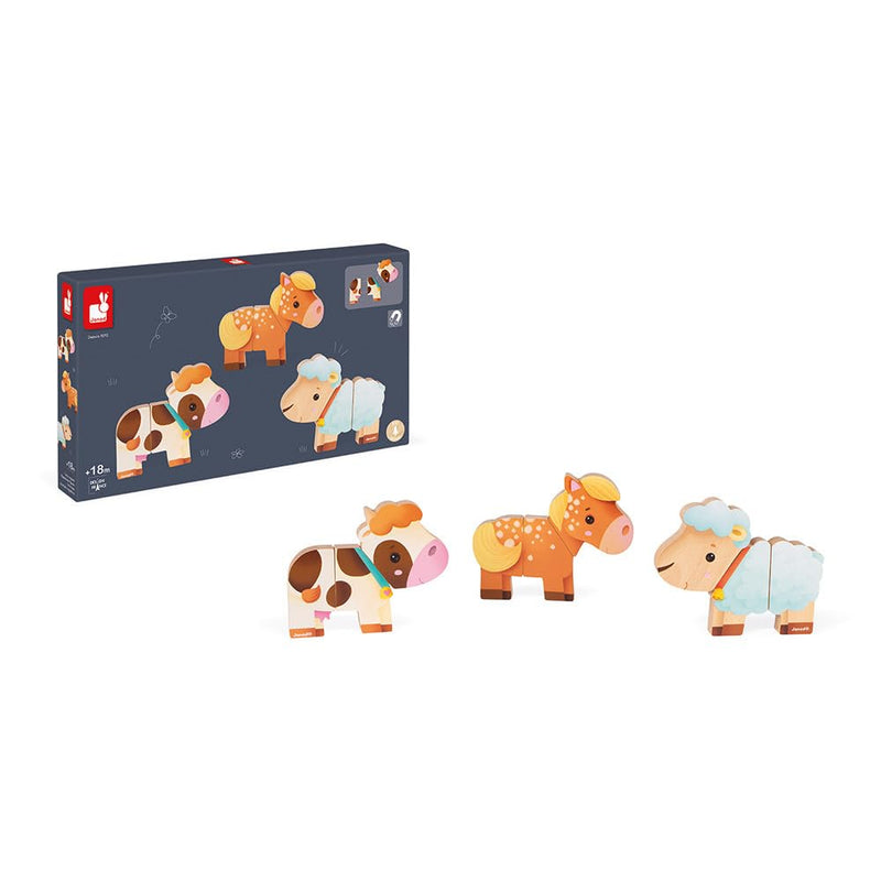 Janod - „Funny Magnets“ Bauernhoftiere - Magnetisches Kleinkindspielzeug aus Holz - Handhabung und Geschicklichkeit - Ab 18 Monaten, J08058, Wood