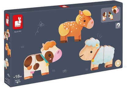 Janod - „Funny Magnets“ Bauernhoftiere - Magnetisches Kleinkindspielzeug aus Holz - Handhabung und Geschicklichkeit - Ab 18 Monaten, J08058, Wood
