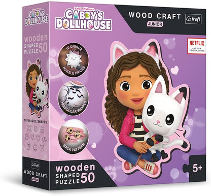 Trefl – Houten Contourenpuzzels: Gabby's Dollhouse, Gabby en haar kat – 50 Stukjes, Wood Craft Junior, Onregelmatige vormen, 10 Figuren, Moderne puzzel, Leuk voor kinderen vanaf 5 jaar