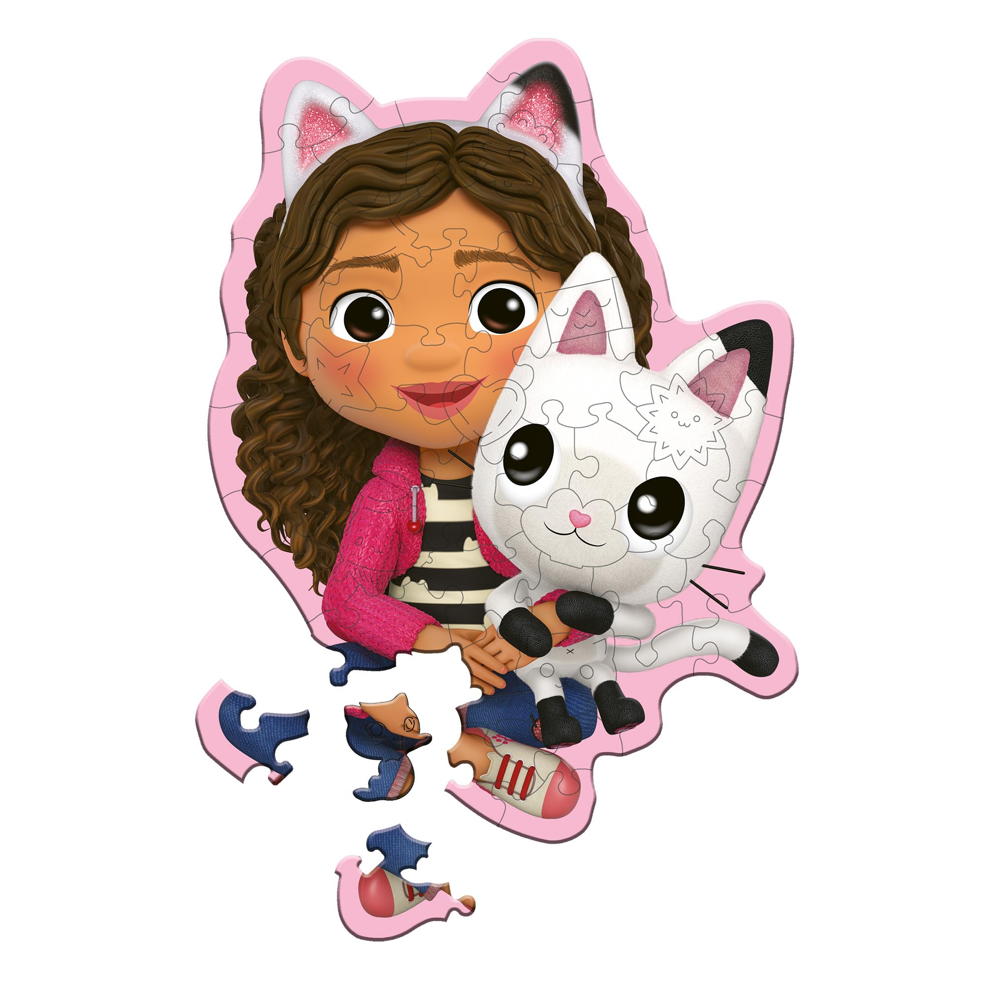 Trefl – Houten Contourenpuzzels: Gabby's Dollhouse, Gabby en haar kat – 50 Stukjes, Wood Craft Junior, Onregelmatige vormen, 10 Figuren, Moderne puzzel, Leuk voor kinderen vanaf 5 jaar