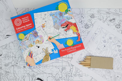 Natural History Museum Colouring Jigsaw Set – 2 x 100 Piece Puzzles with 6 Colouring Pencils – Fun & Educational Activity for Kids