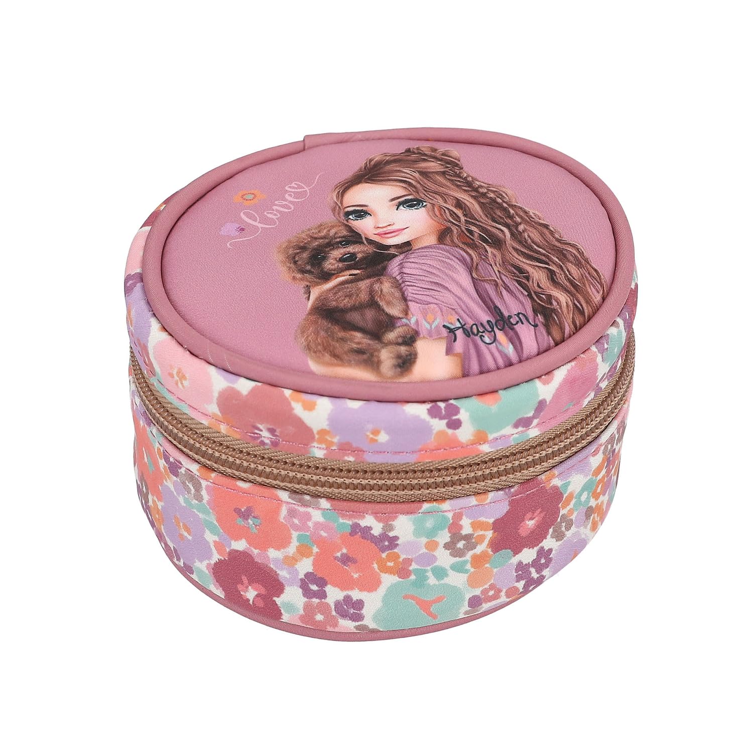 Depesche TOPModel 13062 Floral Round Jewellery Box in Dark Pink with Model Motif and Flower Pattern, Jewellery Box with Quilting, Multi-Coloured