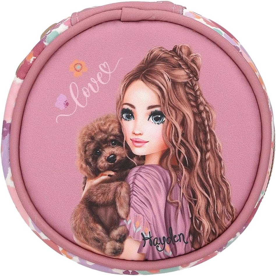 Depesche TOPModel 13062 Floral Round Jewellery Box in Dark Pink with Model Motif and Flower Pattern, Jewellery Box with Quilting, Multi-Coloured