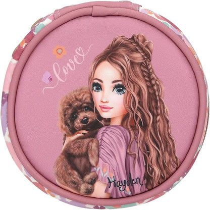 Depesche TOPModel 13062 Floral Round Jewellery Box in Dark Pink with Model Motif and Flower Pattern, Jewellery Box with Quilting, Multi-Coloured