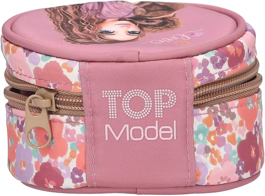 Depesche TOPModel 13062 Floral Round Jewellery Box in Dark Pink with Model Motif and Flower Pattern, Jewellery Box with Quilting, Multi-Coloured