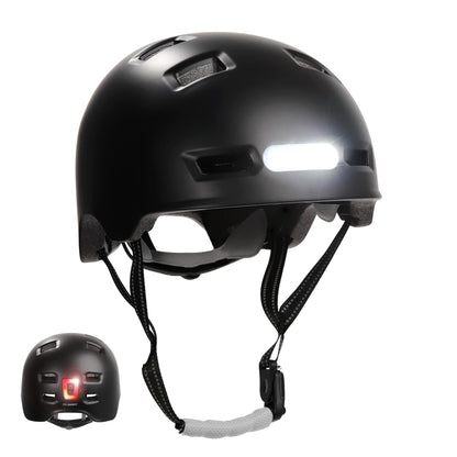 Crazy Safety Vertigo Mat Zwarte Fietshelm Voor- en Achterlicht USB | Skaterhelm Voor Scooter, Skateboard, Skates en BMX-fietsen, Stadsfietshelm Voor Heren Dames | M 54-57cm