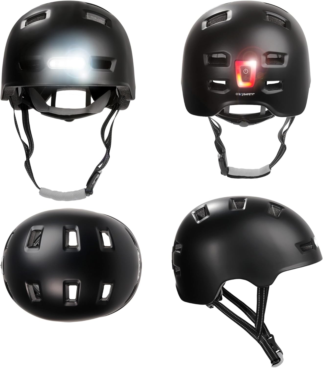 Crazy Safety Vertigo Mat Zwarte Fietshelm Voor- en Achterlicht USB | Skaterhelm Voor Scooter, Skateboard, Skates en BMX-fietsen, Stadsfietshelm Voor Heren Dames | M 54-57cm
