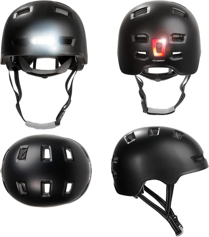 Crazy Safety Vertigo Mat Zwarte Fietshelm Voor- en Achterlicht USB | Skaterhelm Voor Scooter, Skateboard, Skates en BMX-fietsen, Stadsfietshelm Voor Heren Dames | M 54-57cm