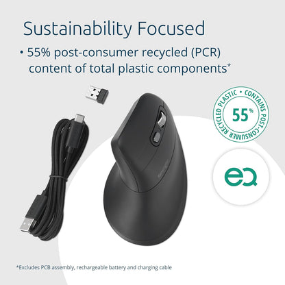Kensington Pro Fit Ergo MY630 EQ Rechargeable Bluetooth Mouse with 2.4GHz USB-A Reciever, 55% Post-Consumer Recycled (PCR) Content, With Up to 4 Months Of Battery Life Per Charge (K72482WW