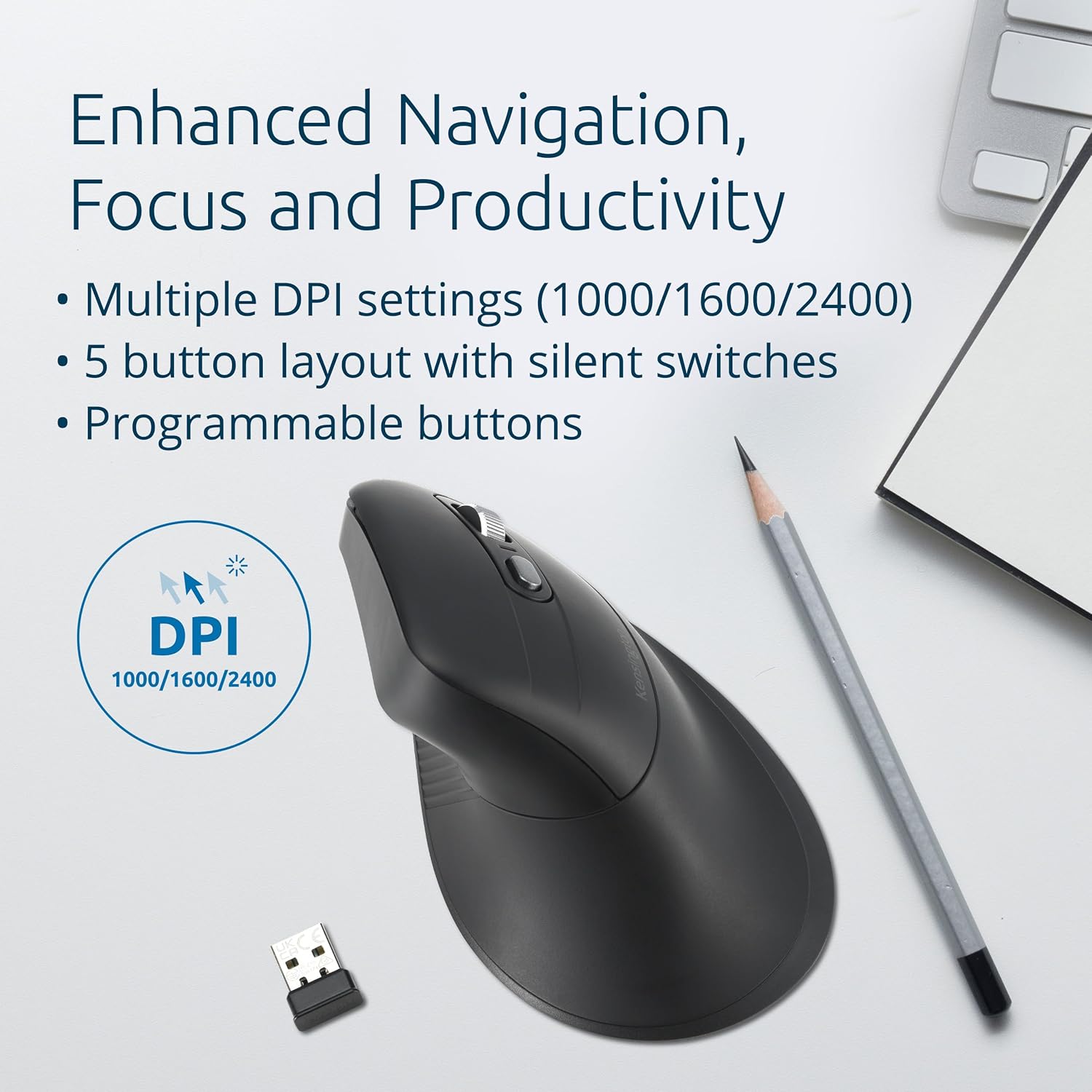 Kensington Pro Fit Ergo MY630 EQ Rechargeable Bluetooth Mouse with 2.4GHz USB-A Reciever, 55% Post-Consumer Recycled (PCR) Content, With Up to 4 Months Of Battery Life Per Charge (K72482WW