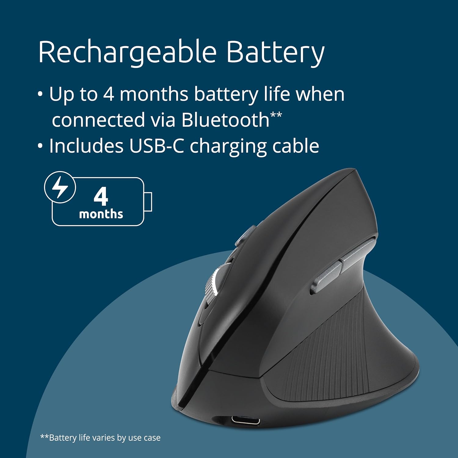 Kensington Pro Fit Ergo MY630 EQ Rechargeable Bluetooth Mouse with 2.4GHz USB-A Reciever, 55% Post-Consumer Recycled (PCR) Content, With Up to 4 Months Of Battery Life Per Charge (K72482WW