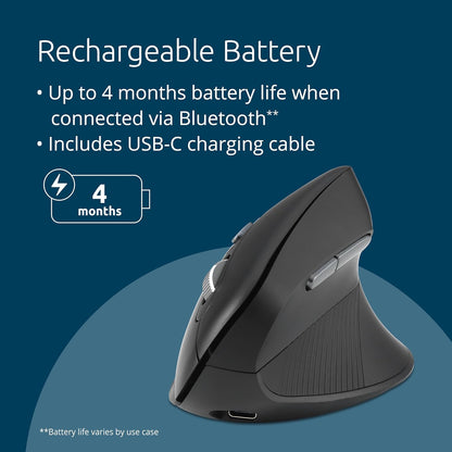 Kensington Pro Fit Ergo MY630 EQ Rechargeable Bluetooth Mouse with 2.4GHz USB-A Reciever, 55% Post-Consumer Recycled (PCR) Content, With Up to 4 Months Of Battery Life Per Charge (K72482WW