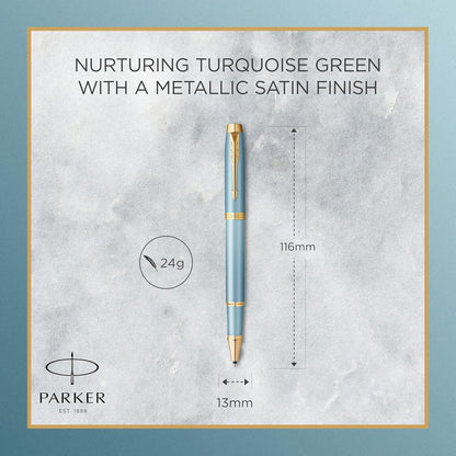 Parker Penna roller IM Writing Rituals, finitura turchese-verde con sfumatura, puntale dorato, punta fine, inchiostro nero, confezione regalo