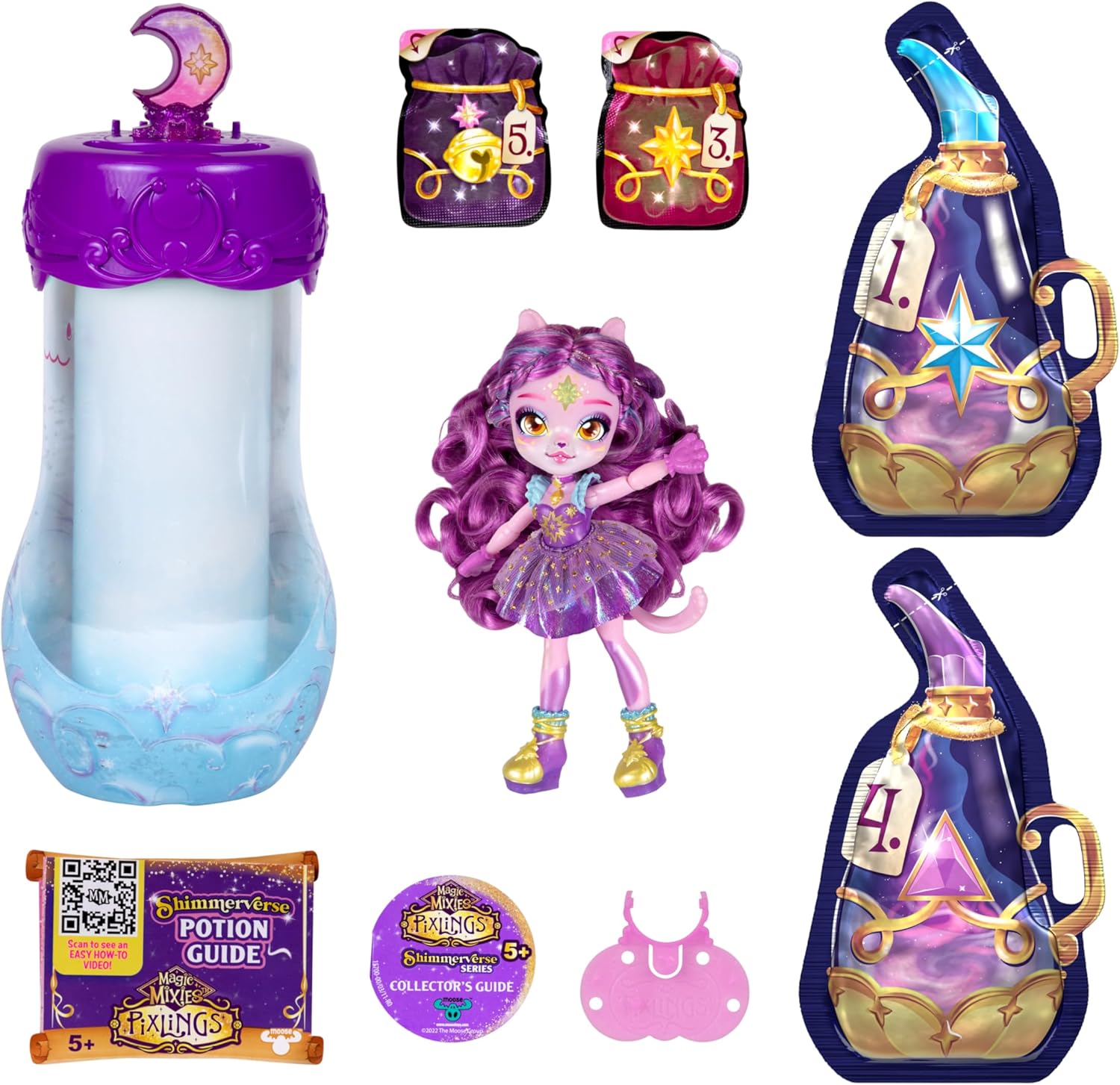 Magic Mixies Pixlings Shimmerverse-serie, maak en mix toverdrank om Catlyn de kat op magische wijze te onthullen, kijk hoe deze prachtige 6.5" Shimmerverse Pixling Fashion Doll in de drankfles